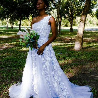 One shoulder wedding dress, lace african girls diyed blue wedding dress bridal gown - Thumbnail 2