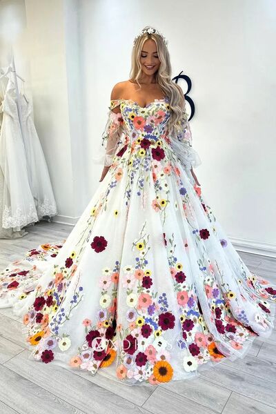 Floral Wedding Dress, Lace Ball Gown Wedding Dress Bridal Gown