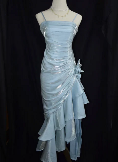 Vintage Light Blue Straps Floral Asymmetrical Hem Long Prom Dresses