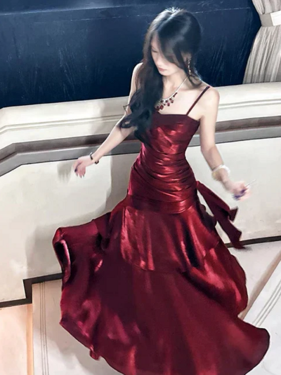 Charming Spaghetti Straps Long Wine Red Prom Dress