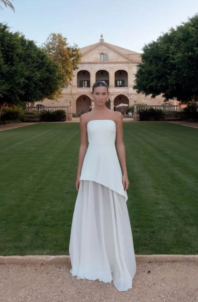 Classy Strapless White A line Chiffon Long Evening Dress