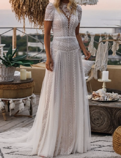 Beach Boho Wedding Dresses A-Line Illusion Neck Short Sleeve Court Train Lace Bridal Gowns With Appliques,1141