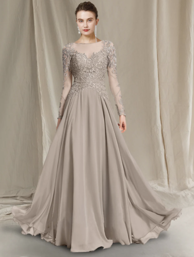 A-Line Mother of the Bride Dress Luxurious Elegant Jewel Neck Floor Length Chiffon Lace Long Sleeve with Pleats Appliques,1146