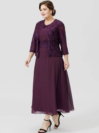 A-Line Mother of the Bride Dress Formal Classic & Timeless Elegant & Luxurious Plus Size Scoop Neck Tea Length,1147