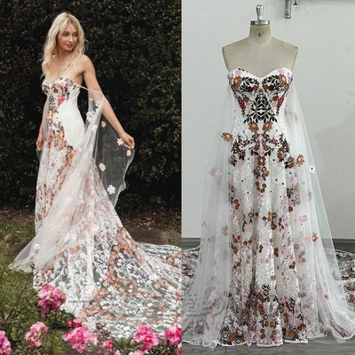Flowers Embroidery Lace Wedding Dress Strapless Boho Low Back Custom Bridal Gown,1148