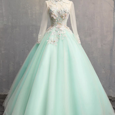 Green tulle lace long prom dress, beautiful long sleeve party dress - Thumbnail 1