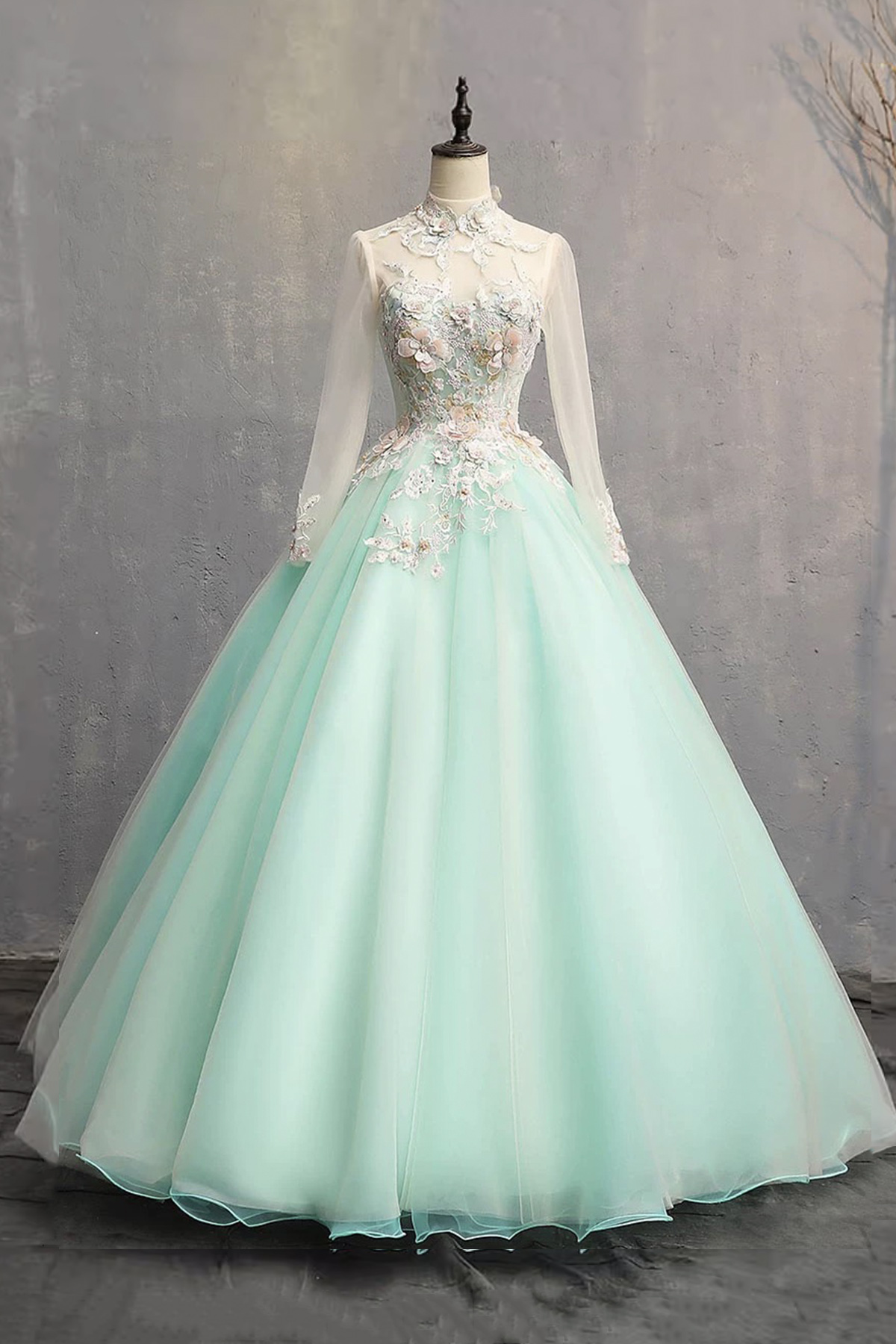 Green Tulle Lace Long Prom Dress, Beautiful Long Sleeve Party Dress