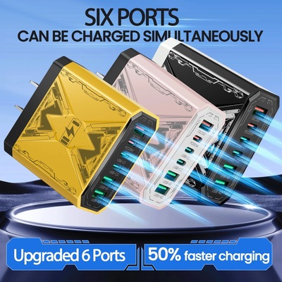 6-in-1 Fast Charging USB Charger Adapter β QC 3.0 Tech, 4 USB-A + 2 USB-C Ports