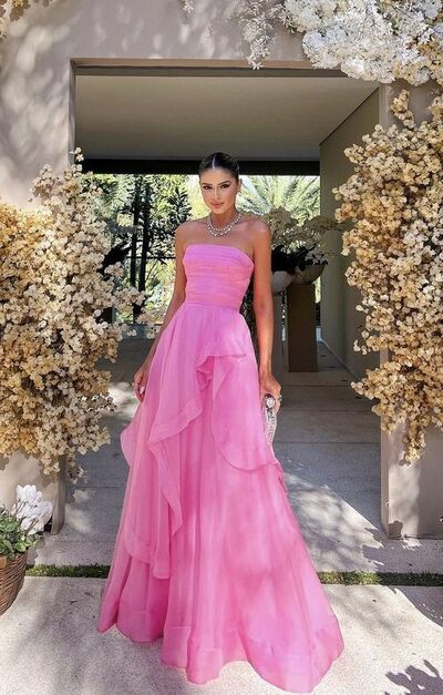 Elegant Strapless Pink Ruffle Evening Gown ,Romantic Garden Party Dress,Blush Pink Prom Dress