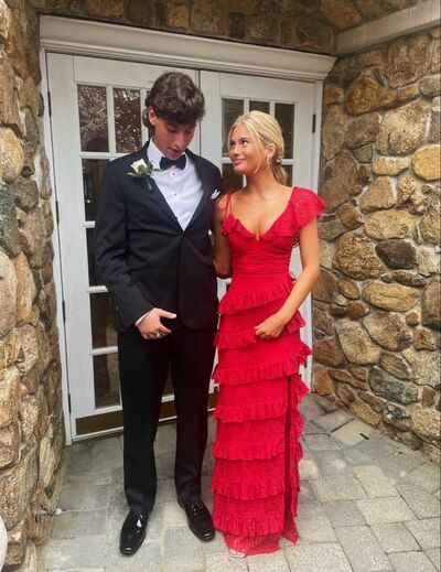 Stunning Red Ruffle Lace Prom Dress & Classic Black Tux Couple Look , Elegant Formal Evening Dress