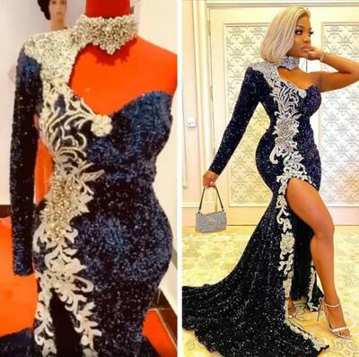 Navy Blue Sexy Evening Dresses Lace Beaded Mermaid Prom Dresses High Split Formal Party Second Reception Gowns