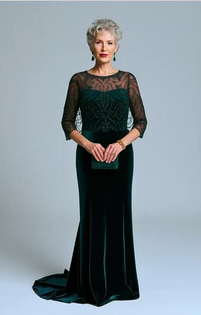 Elegant Green Velvet Beading Crytals Mother Of The Bride Dresses Formal Evening Dress