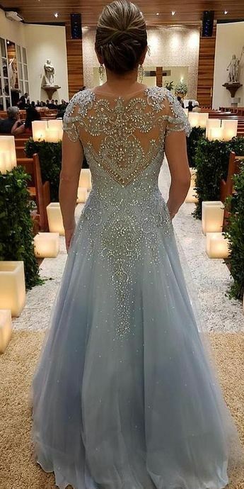 Short sleeves long prom dress,lace appliques with beads mother of bride dress,1150