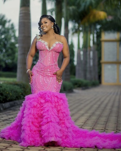 Hot Pink Mermaid Prom Dress Laceful Promdress Tiers Crystals Evening Formal Party Second Reception Birthday Engagement Dress