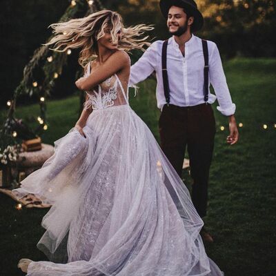 Sexy floral wedding dress, deep v-neck tulle wedding dress bridal gown - Thumbnail 1