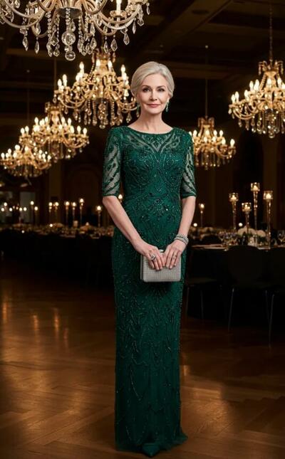 Elegant Green Sheath Sequins Lace Mother Of The Bride Dresses Formal Evening Dress