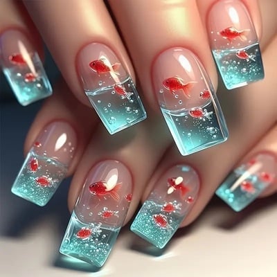 24pcs 3D Goldfish Press-On Nails – Square Medium Length, Glossy Blue & Pink Fish Tank Design with Jelly Glue & Nail File