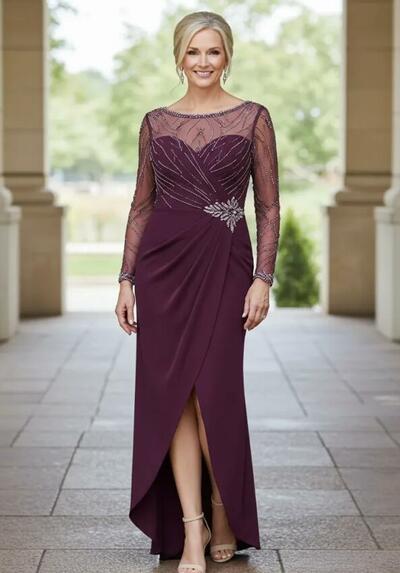 Elegant Wine Red Burgundy Sheath Beading Crystals Mother Of The Bride Dresses Formal Evening Dress