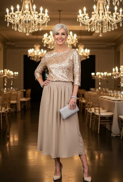 Two Pieces Champagne Tea-length Sequins Mother of Bride/Groom Dress Evening Formal Gown