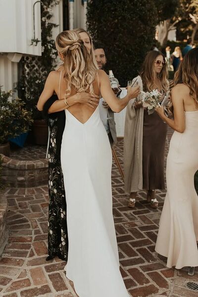 Simple V-neck Satin Wedding Dress, Sexy Backless Bridal Gown