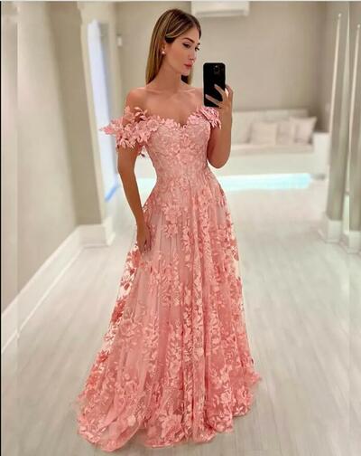 Pink Lace A-Line Prom Dresses Floor Length Off The Shoulder Elegant Long Evening Formal Dress For Women Appliques Sweetheart Dress