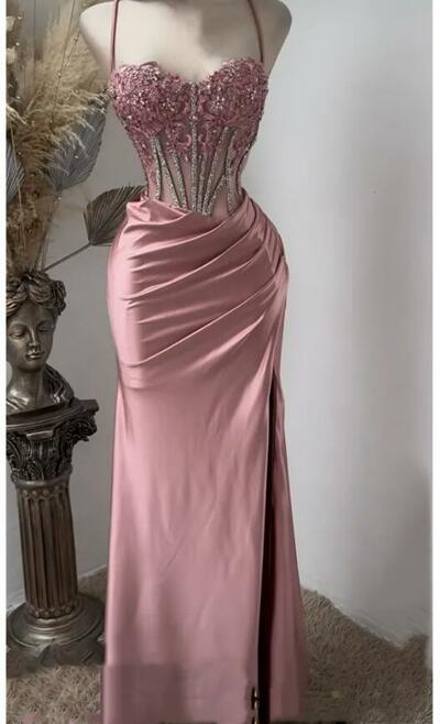Pink Mermaid Prom Dresses Side Split Spaghetti Straps Sexy Special Ocn Dress Lace Appliques Crystals Beaded Illusion Corset Pageant Dress
