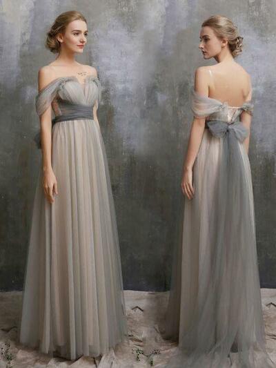 Cheap Bridesmaid Dress Off-the-shoulder Simple Silver Prom Party Gowns,1959