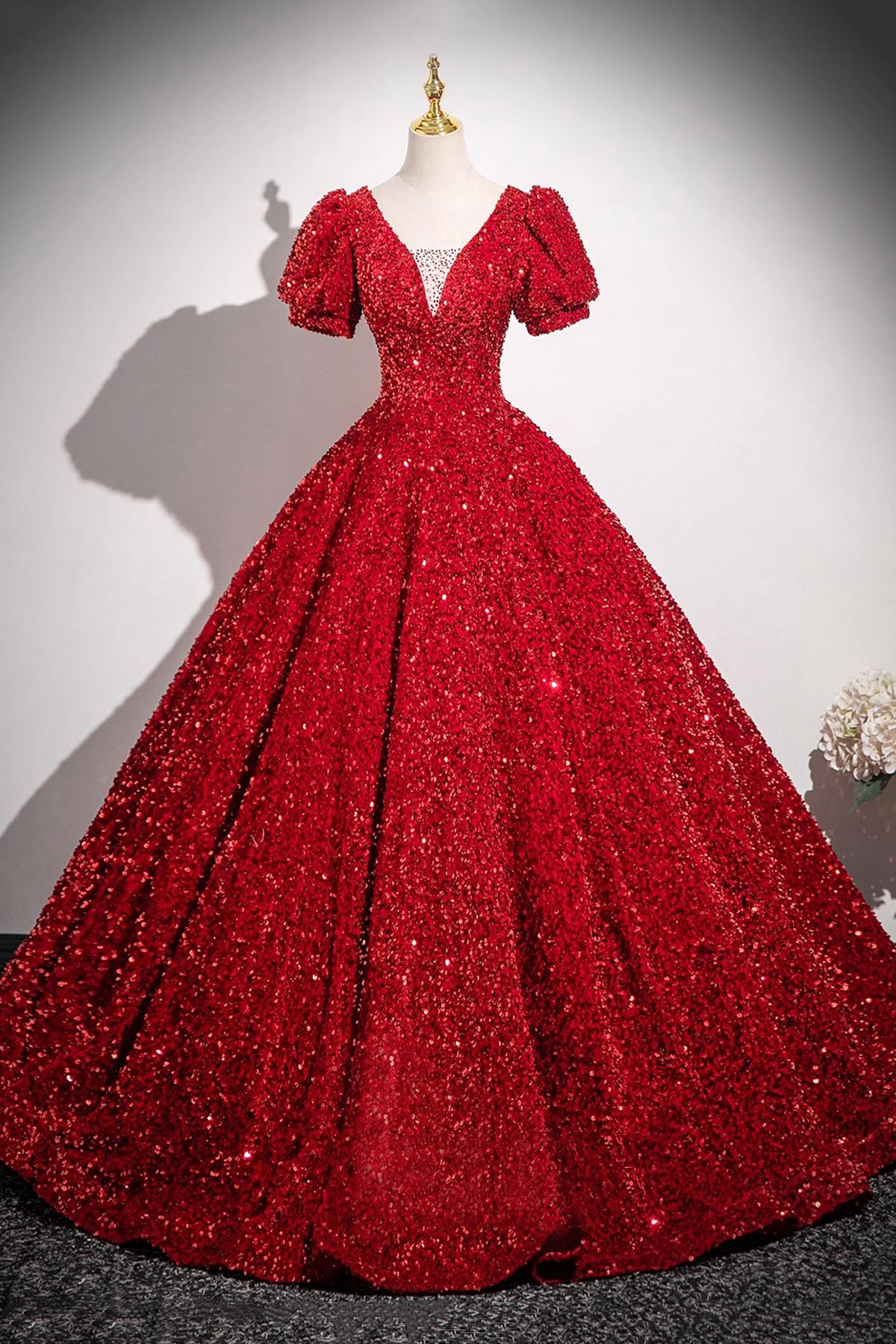 Red Sequins Long Prom Dress, A-Line Short Sleeve Formal Dress