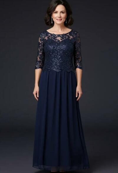 Elegant Navy Blue Sequins Lace Mother Of The Bride Dresses Formal Evening Dress