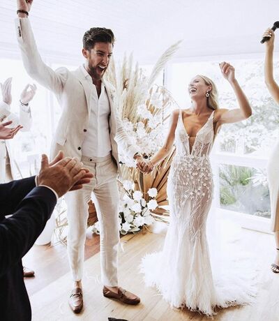 Sexy Deep V-neck Wedding Dress, Backless Satin Floral Appliques Bridal Dress Bridal Gown