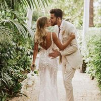 Sexy Deep V-neck Wedding Dress, Backless Satin Floral Appliques Bridal Dress Bridal Gown - Thumbnail 1
