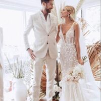Sexy Deep V-neck Wedding Dress, Backless Satin Floral Appliques Bridal Dress Bridal Gown - Thumbnail 2