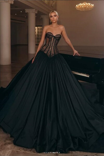 Black A-line Prom Gown with Semi-sheer Lace Bodice