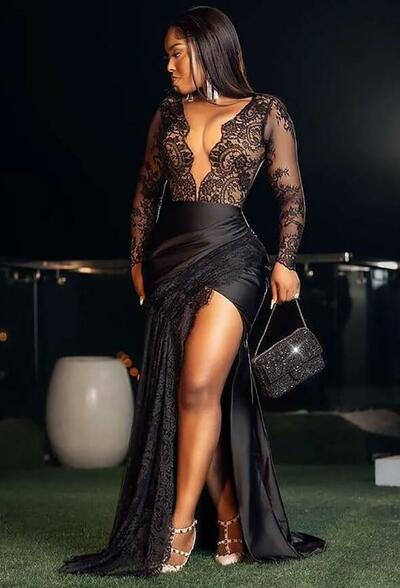 Black Sexy Mermaid Prom Dresses Sexy V Neck Sequins Beads Long Sleeves Glitter Elegant Floor Length High Waist High Side Split Evening Formal Dresse