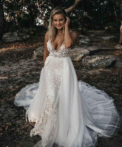 Sexy Sheath Lace Wedding Dress, Detachable Train Bridal Dress Bridal Gown