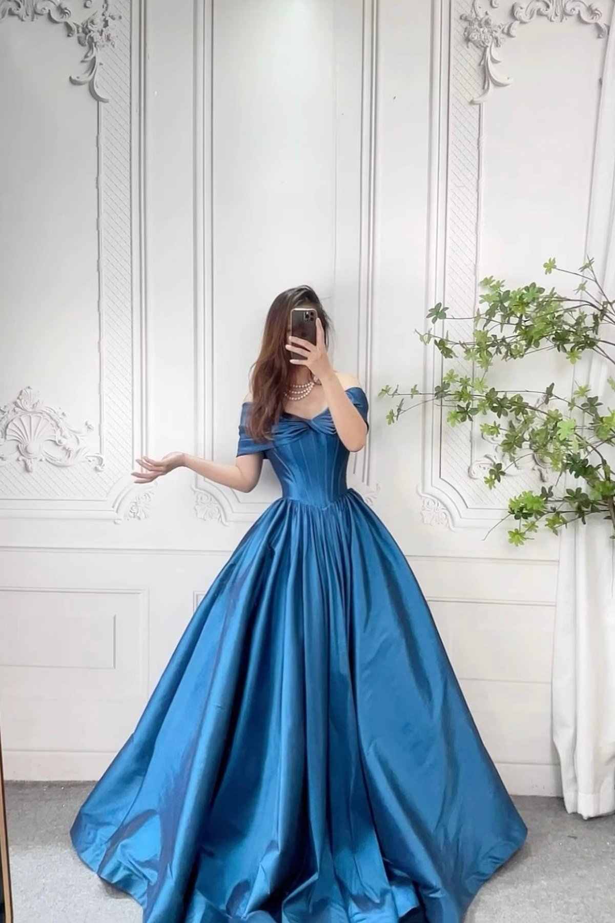 Blue Satin Long Prom A-Line Formal Evening Dress
