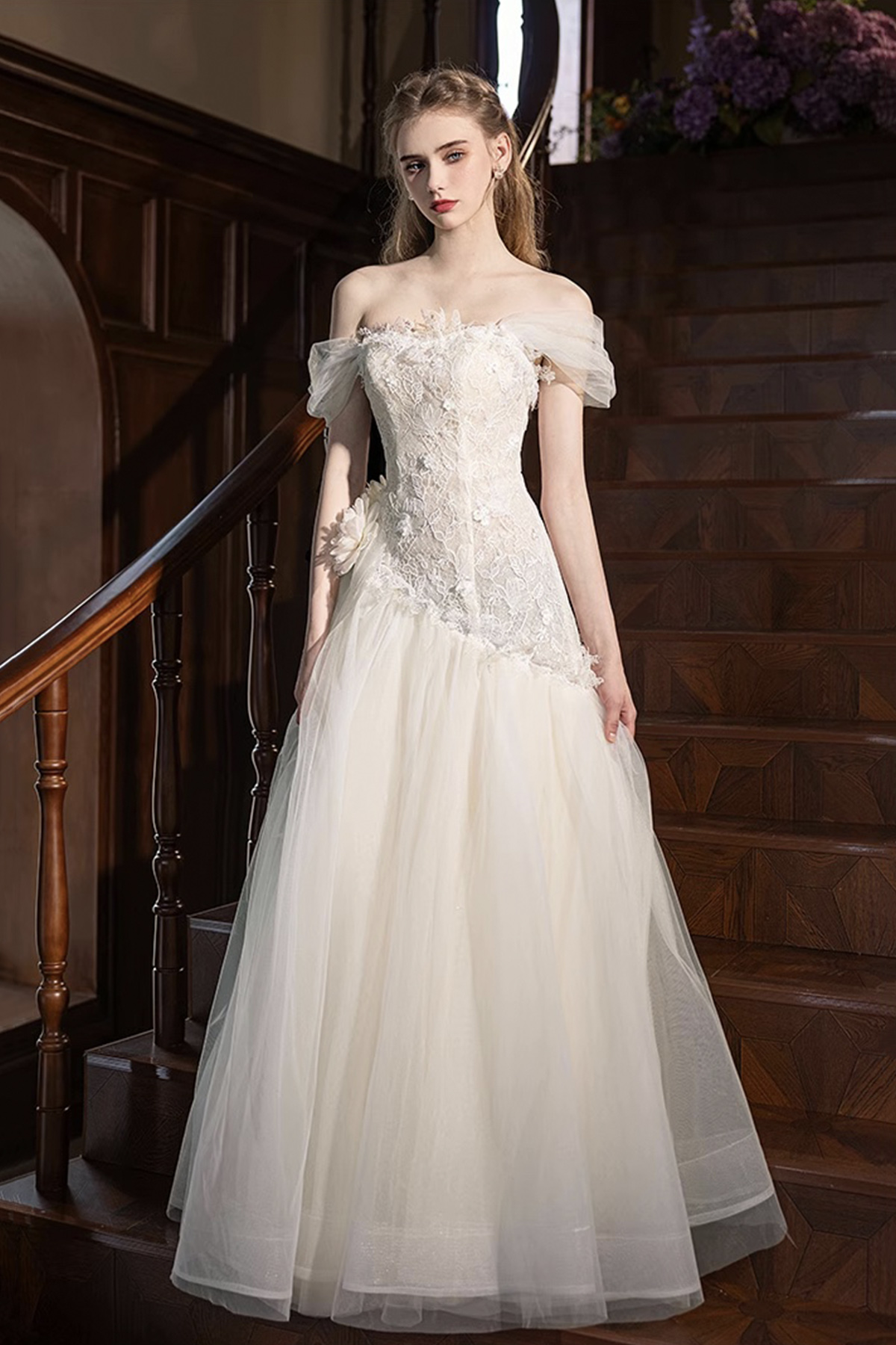 Champagne Tulle Lace Long Prom Dress, Beautuful A-Line Party Dress