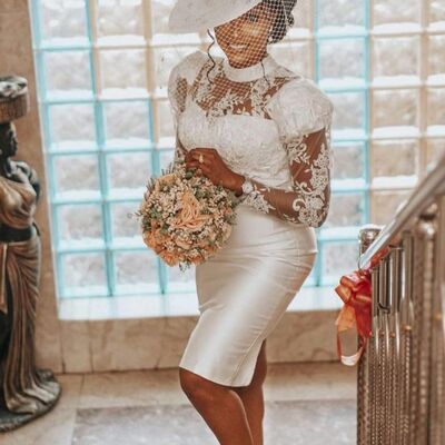 Elegant sheath wedding dress, tea-length lace african girls bridal dress bridal gown - Thumbnail 3