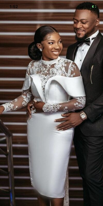 Elegant Sheath Wedding Dress, Tea-length Lace African Girls Bridal Dress Bridal Gown