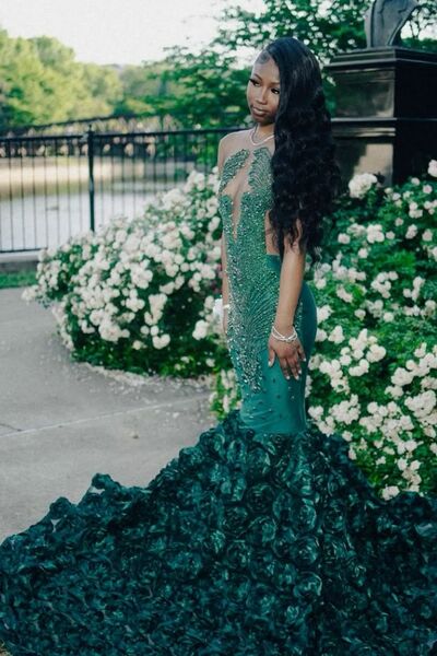 Green Mermaid Prom Dresses Beading Crystals Lace African Girls Evening Gowns Formal Party Gowns