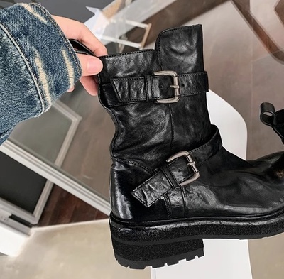 Women's cowhide belt buckle martin boots 2 colors