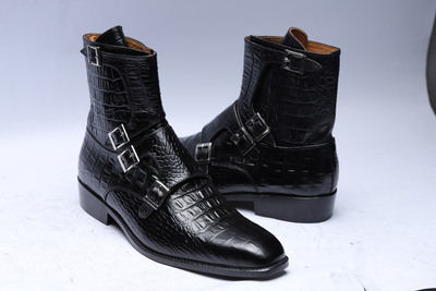 Crafted Leather Handmade Men Black Python Leather Buckle Strap Ankle High Boot