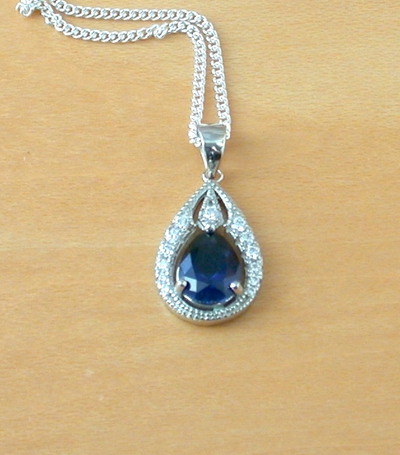 Sterling Silver Sapphire(Lab Created)Pendant &18" Chain/Sterling Silver Sapphire Necklace UK/Sapphire Jewellery/Sapphire Jewelry/September Birthstone