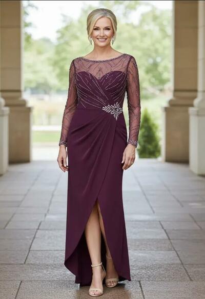 Burgundy Sheath Chiffon Beading Mother Of The Bride/ Groom Dresses Formal Evening Dress
