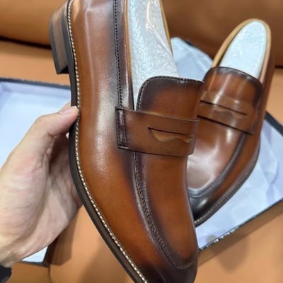 Handmade men's leather loafers first layer cowhide slip-on casual leather shoes - Thumbnail 5