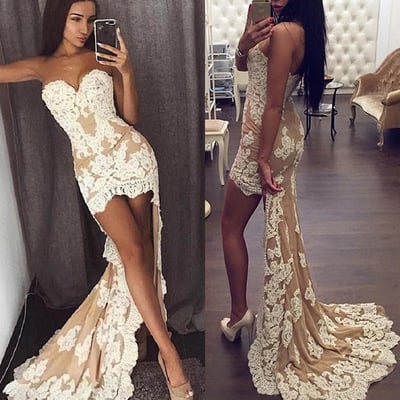 Sweetheart champagne prom dresses hi low with apppliques - Thumbnail 1