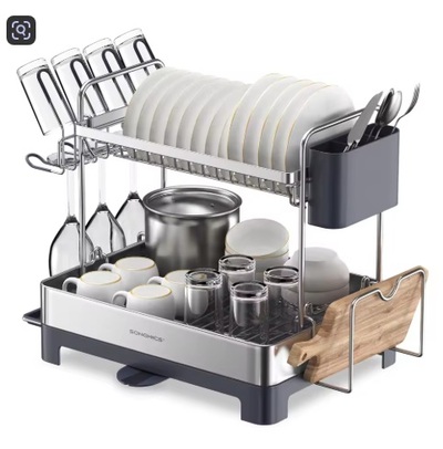 SONGMICS 2-Tier Dish Drying Rack – Stainless Steel Kitchen Counter Organizer with 360° Drain Spout, Utensil & Cup Holders