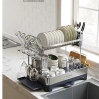 SONGMICS 2-Tier Dish Drying Rack – Stainless Steel Kitchen Counter Organizer with 360° Drain Spout, Utensil & Cup Holders - Thumbnail 1