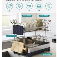 SONGMICS 2-Tier Dish Drying Rack – Stainless Steel Kitchen Counter Organizer with 360° Drain Spout, Utensil & Cup Holders - Thumbnail 2