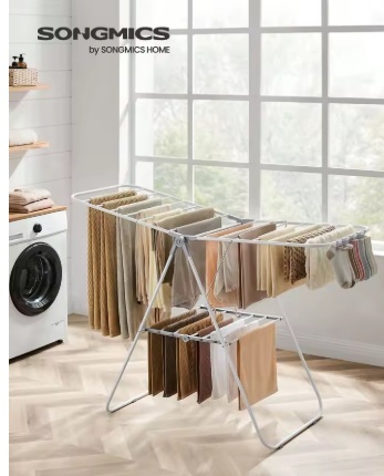 SONGMICS Foldable Clothes Drying Rack – Heavy-Duty Laundry Airer with Adjustable Wings, 33 Rods, 27 Clips, and Rust-Resistant Steel Frame